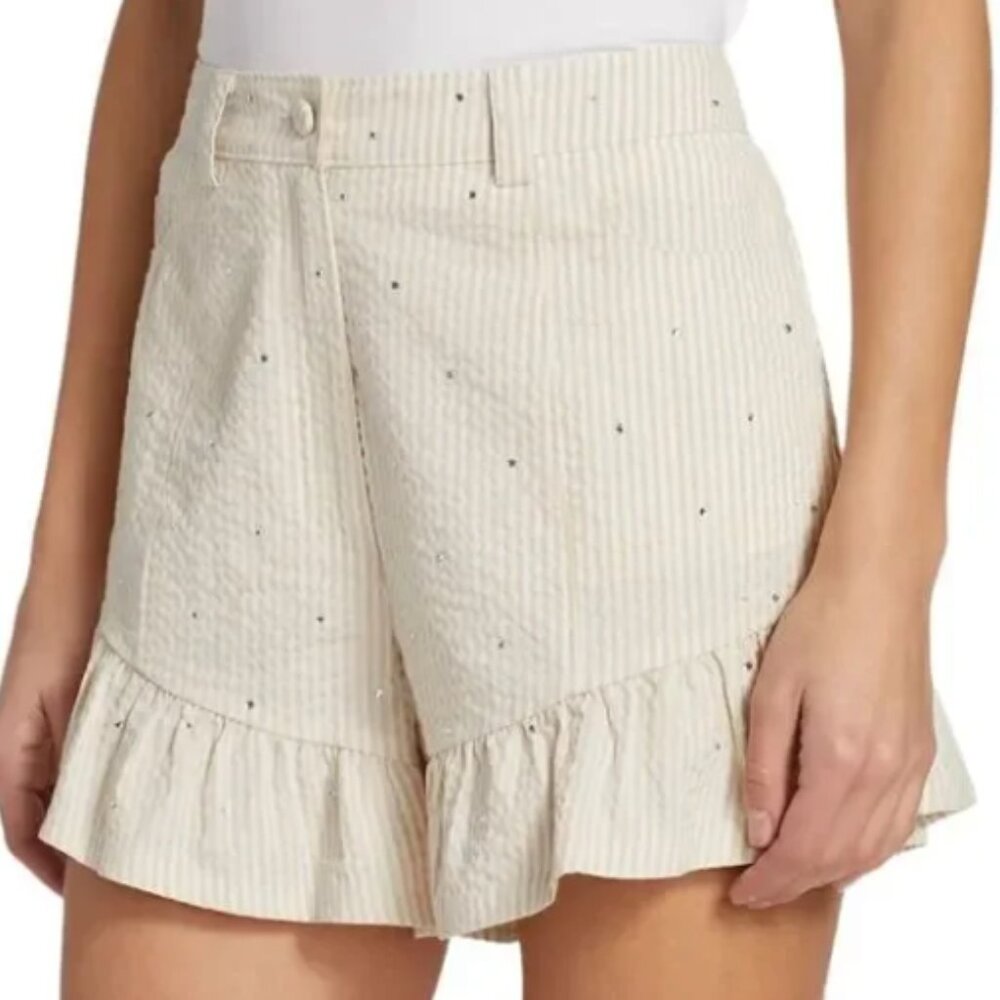 Cinq à Sept Neema Rhinestone Seersucker Shorts Size 6 Ruffle Hem NWT